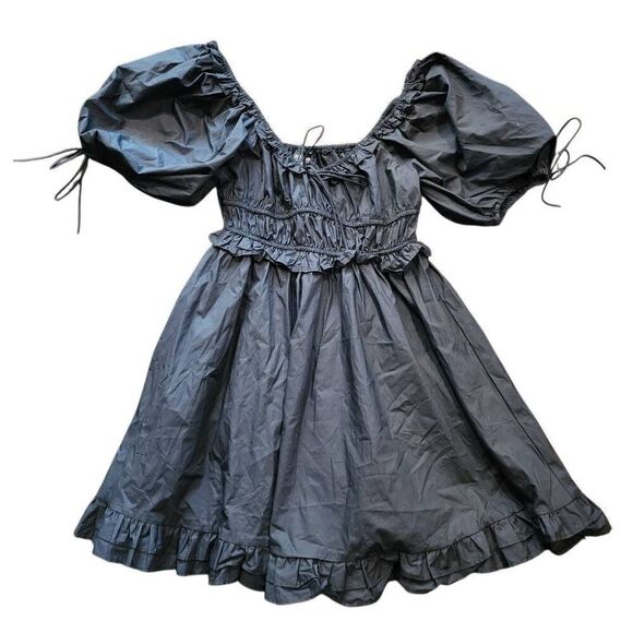 NWT En Saison Dress Women's Medium Black Cotton Poplin Mini Puff Sleeve - Picture 3 of 6